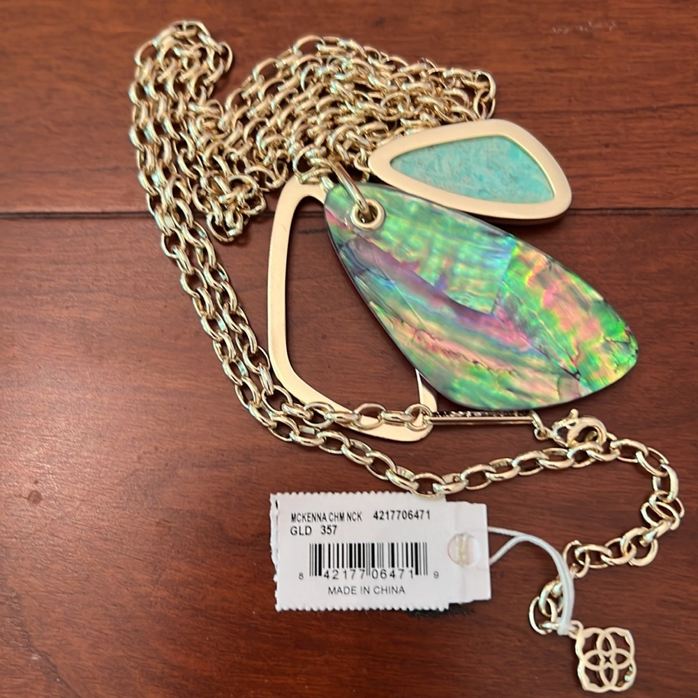 Kendra Scott McKenna Three Charms, Abalone, Sea Green Chrysocolla, Gold Necklace - Picture 3 of 3